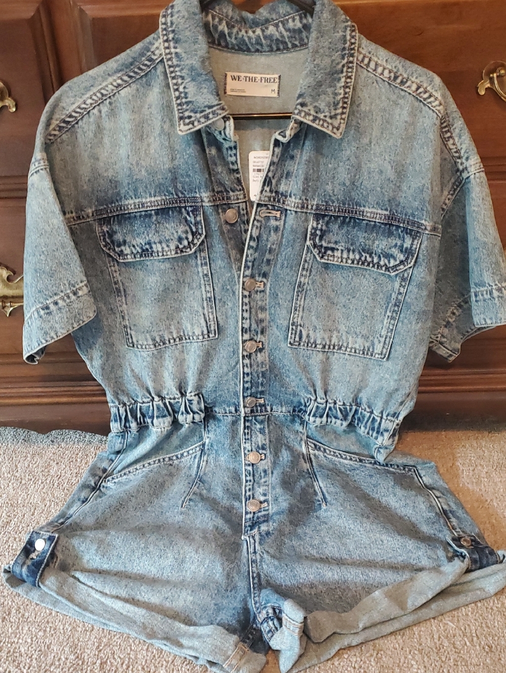 We The Free Acid Wash Denim Short Sleeve Romper - Light Blue